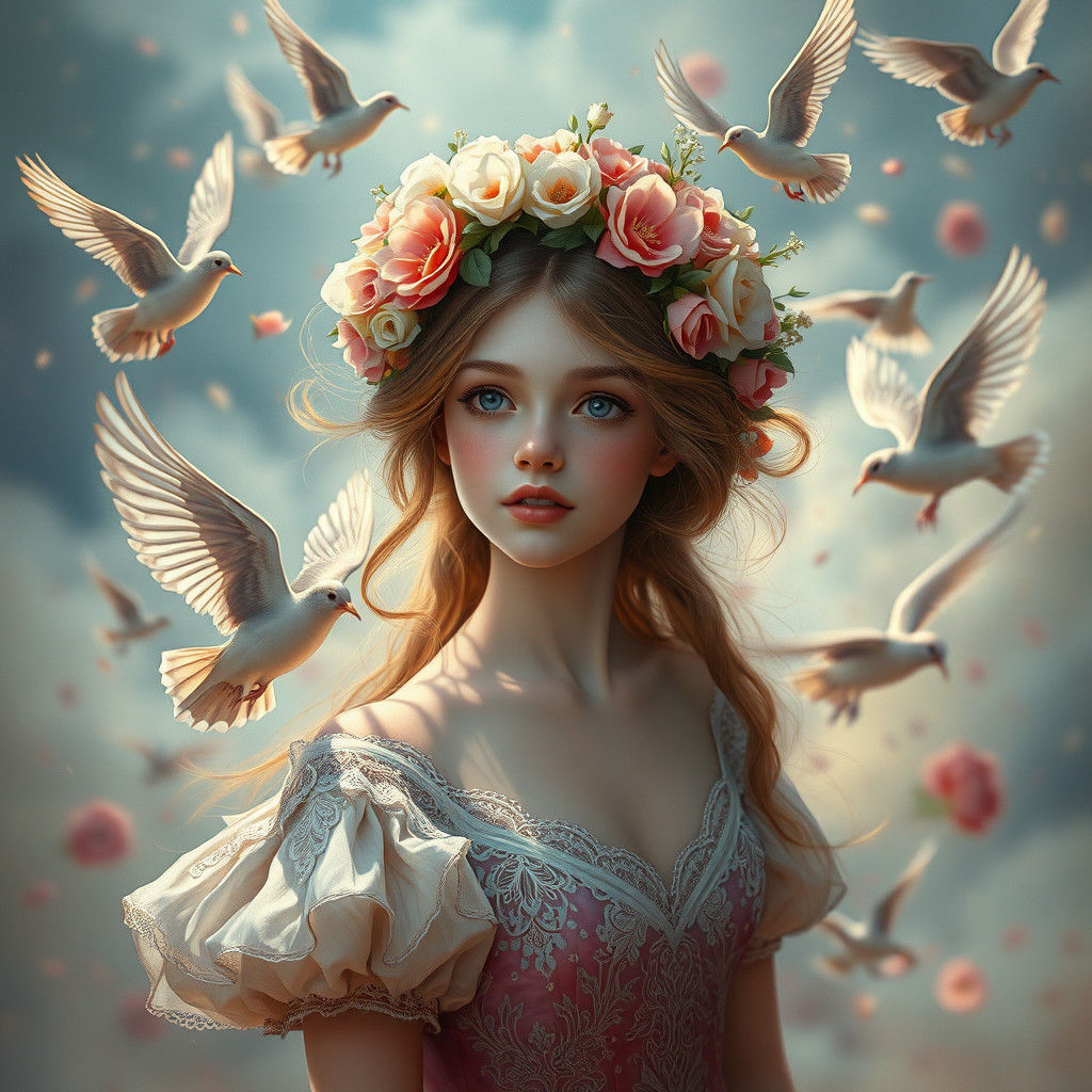 Fantasy Flower Girl Portrait in Art Nouveau Style