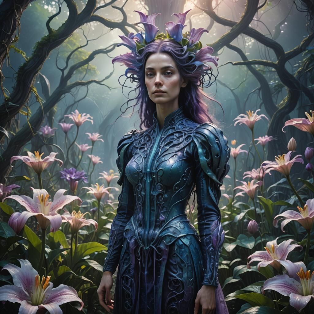 Lily Woman in Lush Garden, Fantasy Art
