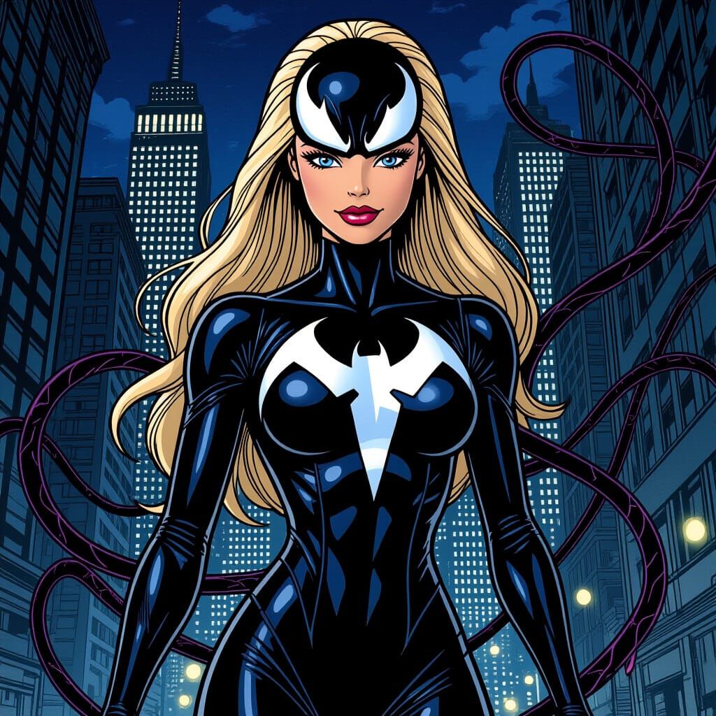 Barbie as Venom Symbiote in Dark Cityscape