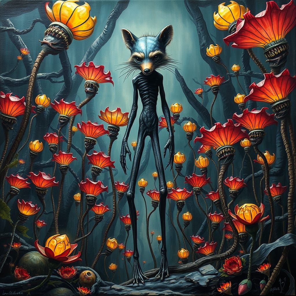 Surreal Raccoon Alien Emerges from Twisted Gothic Landscape