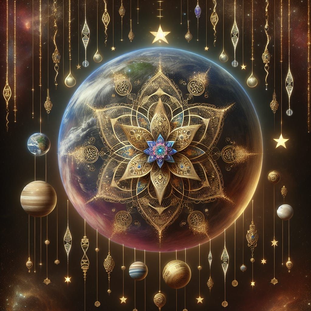 Celestial DNA with Golden Mandala and Stars