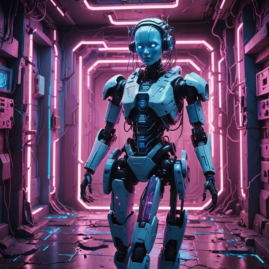 Futuristic Robot Doll in Neon Chamber