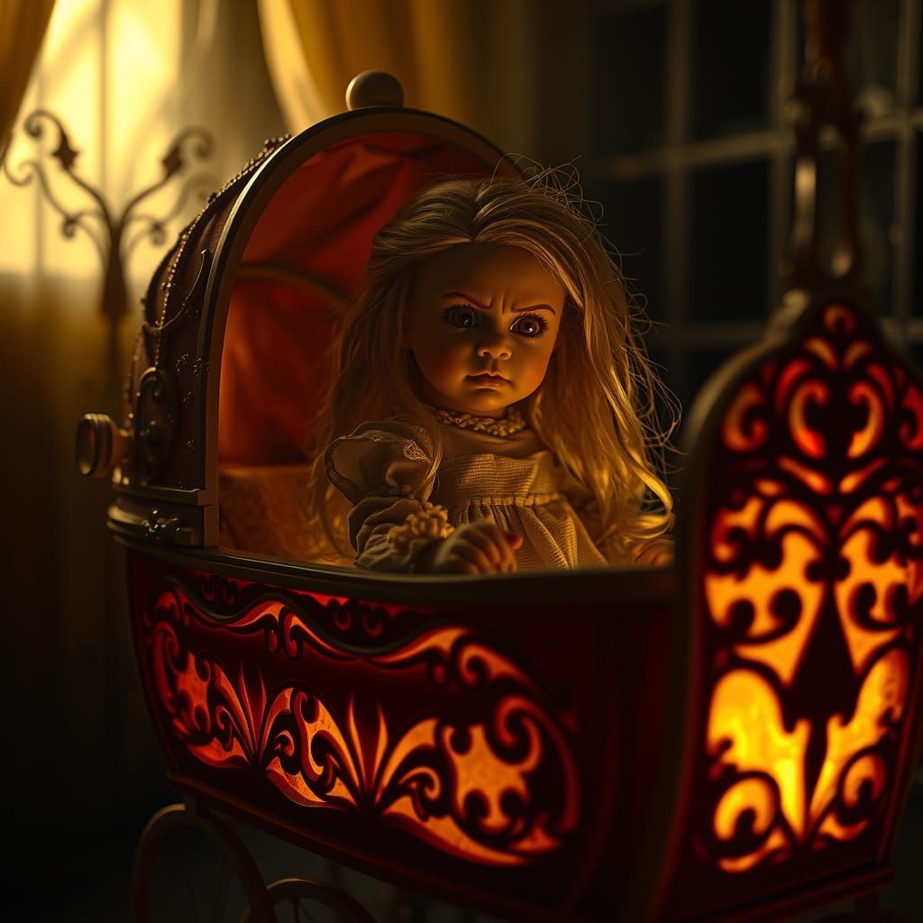 Ominous Doll in Forsaken Boudoir: Dark Fantasy Horror