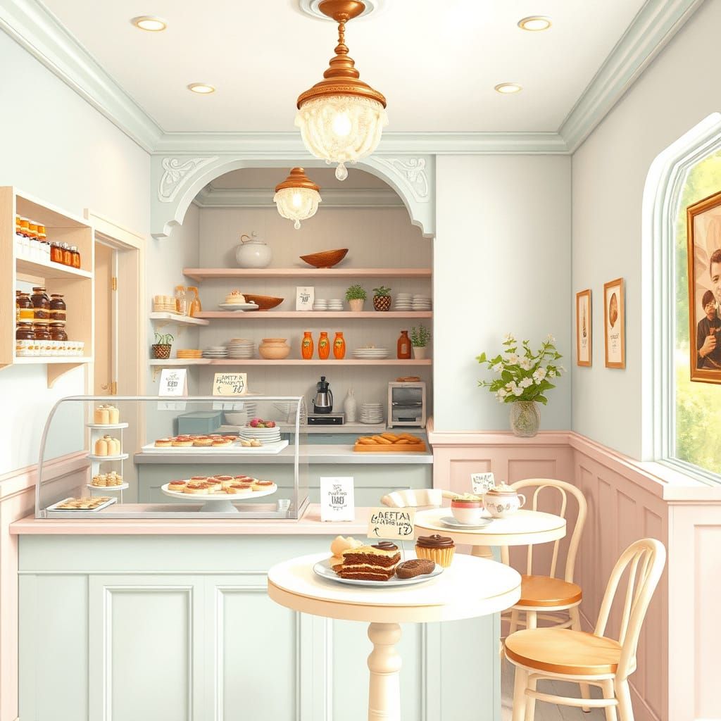 Charming Pastel Cafe with Delicate Wooden Accents