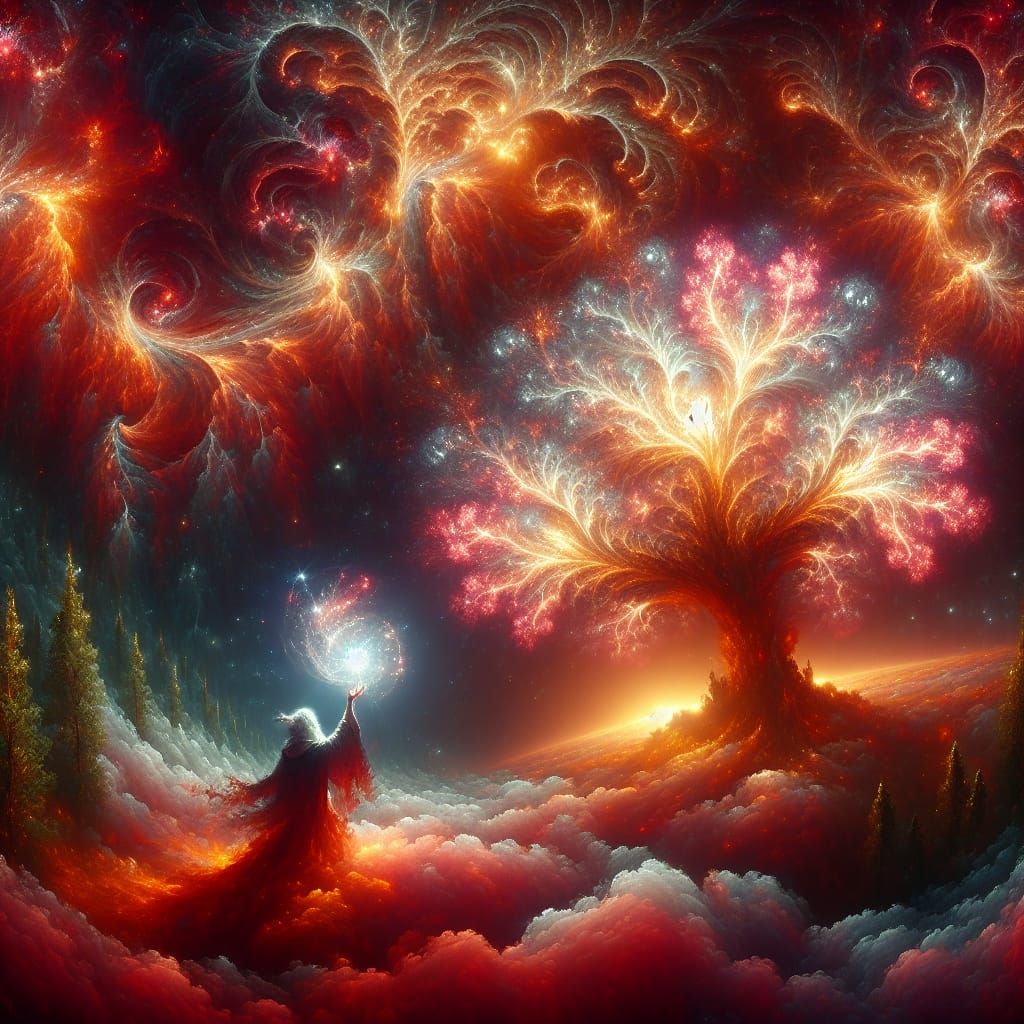 Magician Creates Fractal Tree World with Cosmic Energy