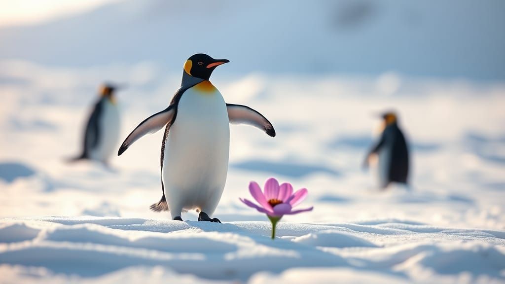 Dancing Adelie Penguin with Violet Flower