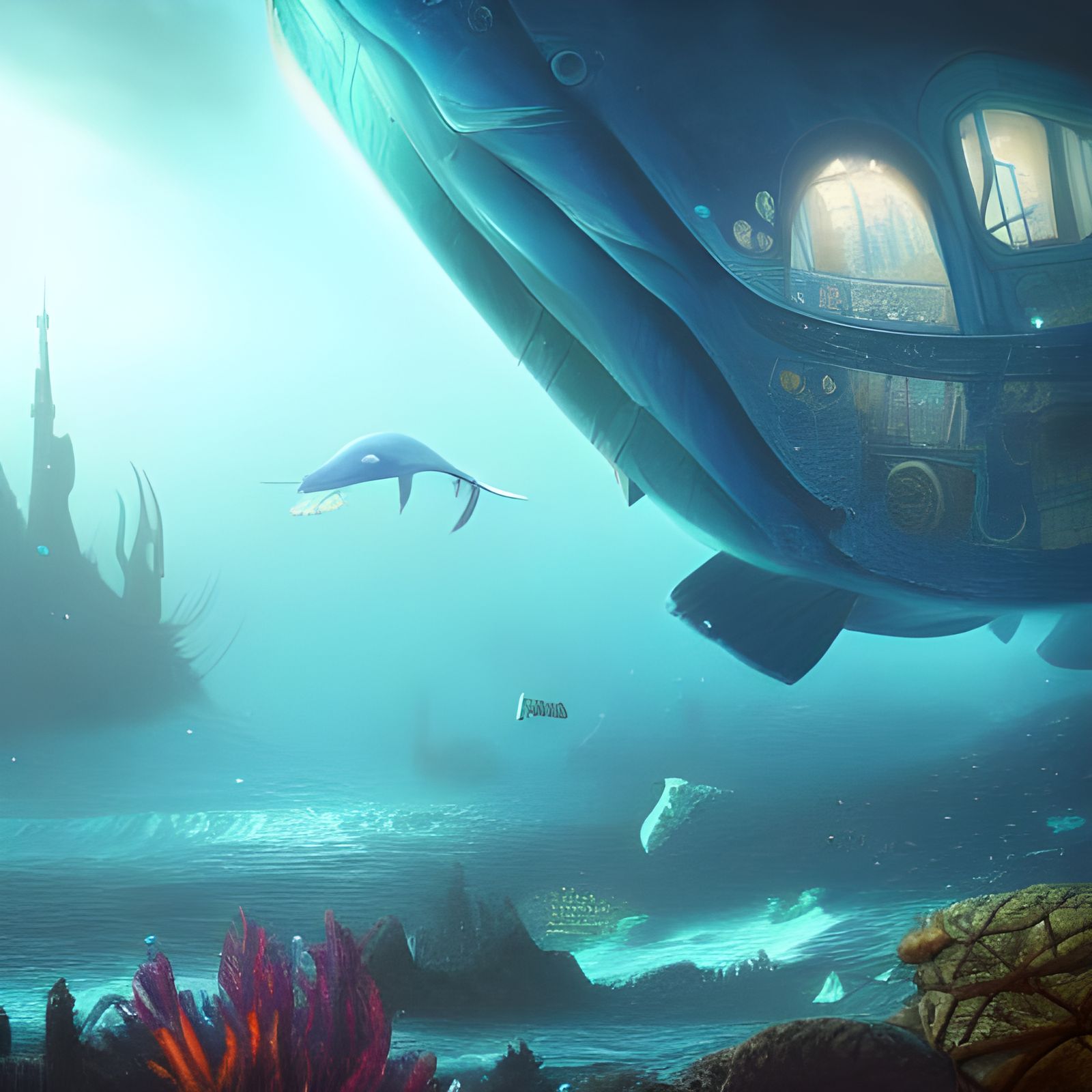 Underwater City with Whale in Detailed Digital Art