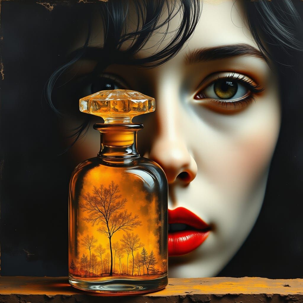 Art Nouveau Glass Bottle and Face in High Contrast