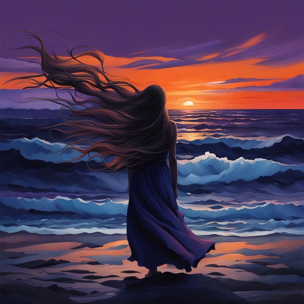 Hyperrealistic Seashore Dusk Scene With Girl