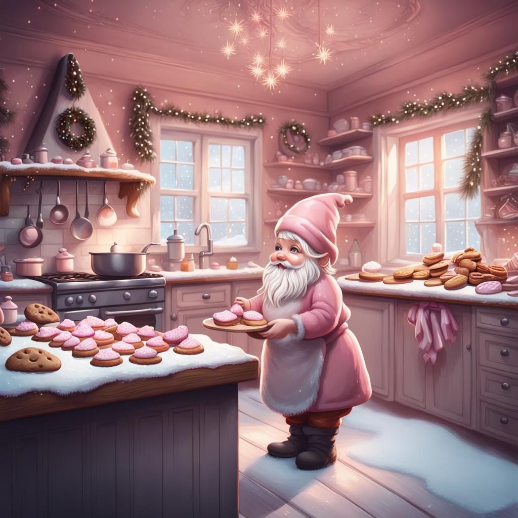 Pink Christmas Gnome Baking Cookies: Winter Illustration