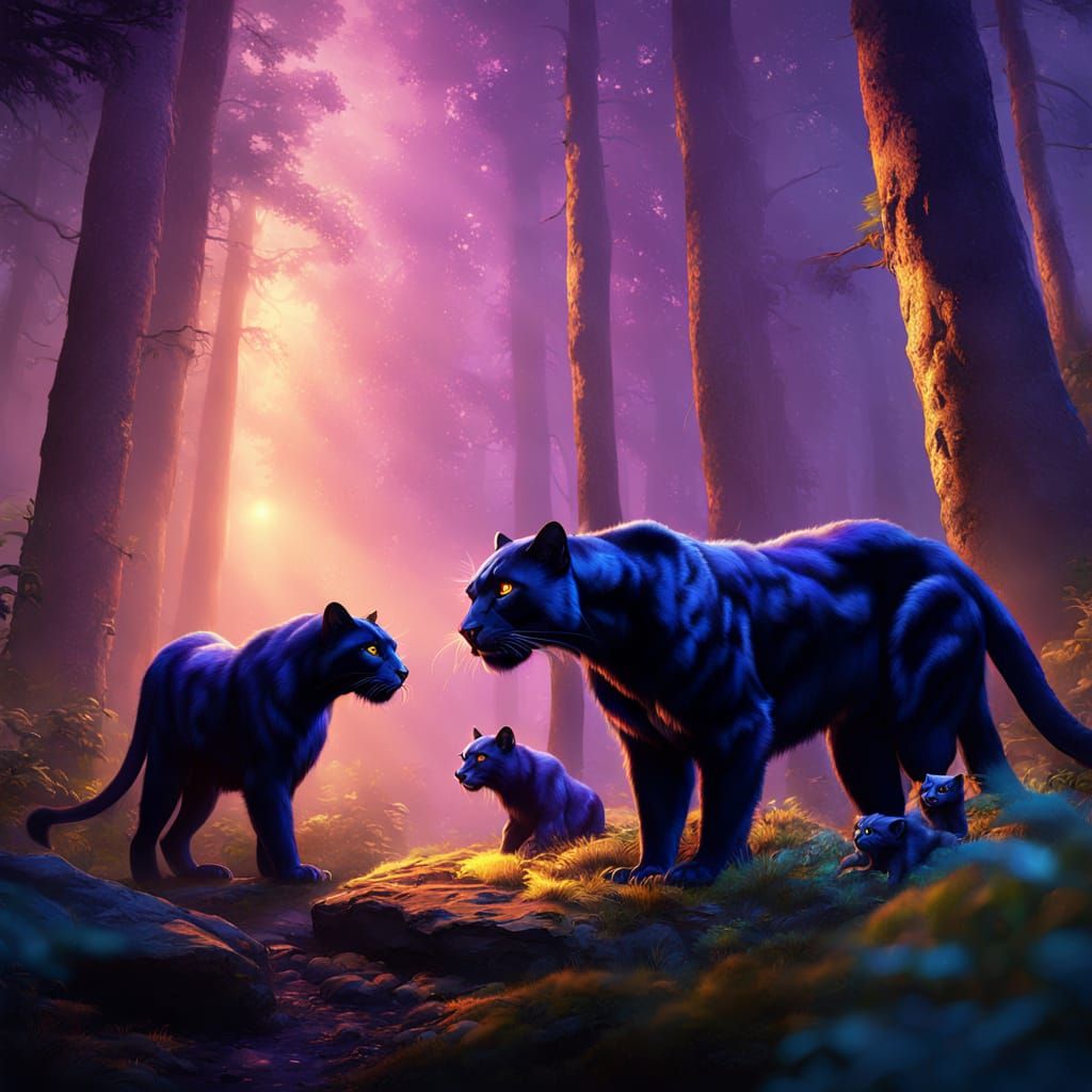 Panther Family in Forest, Fantasy Concept Art