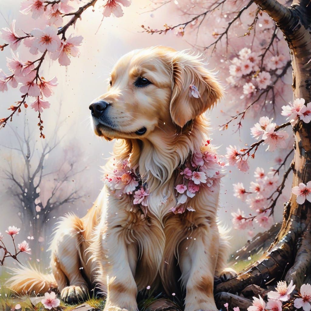 Puppy Under Cherry Blossoms in Watercolor Style