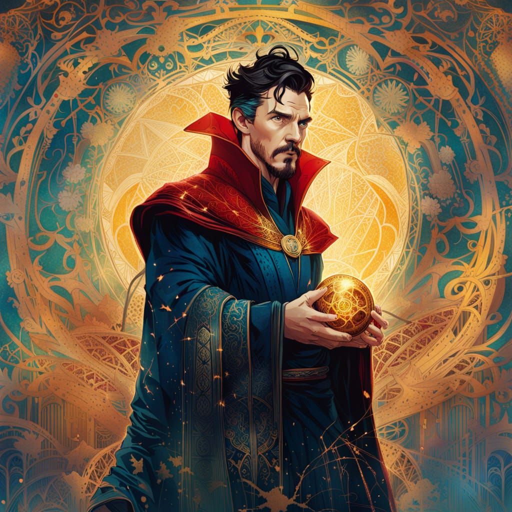 Doctor Strange with Golden Outlines as Digital Art