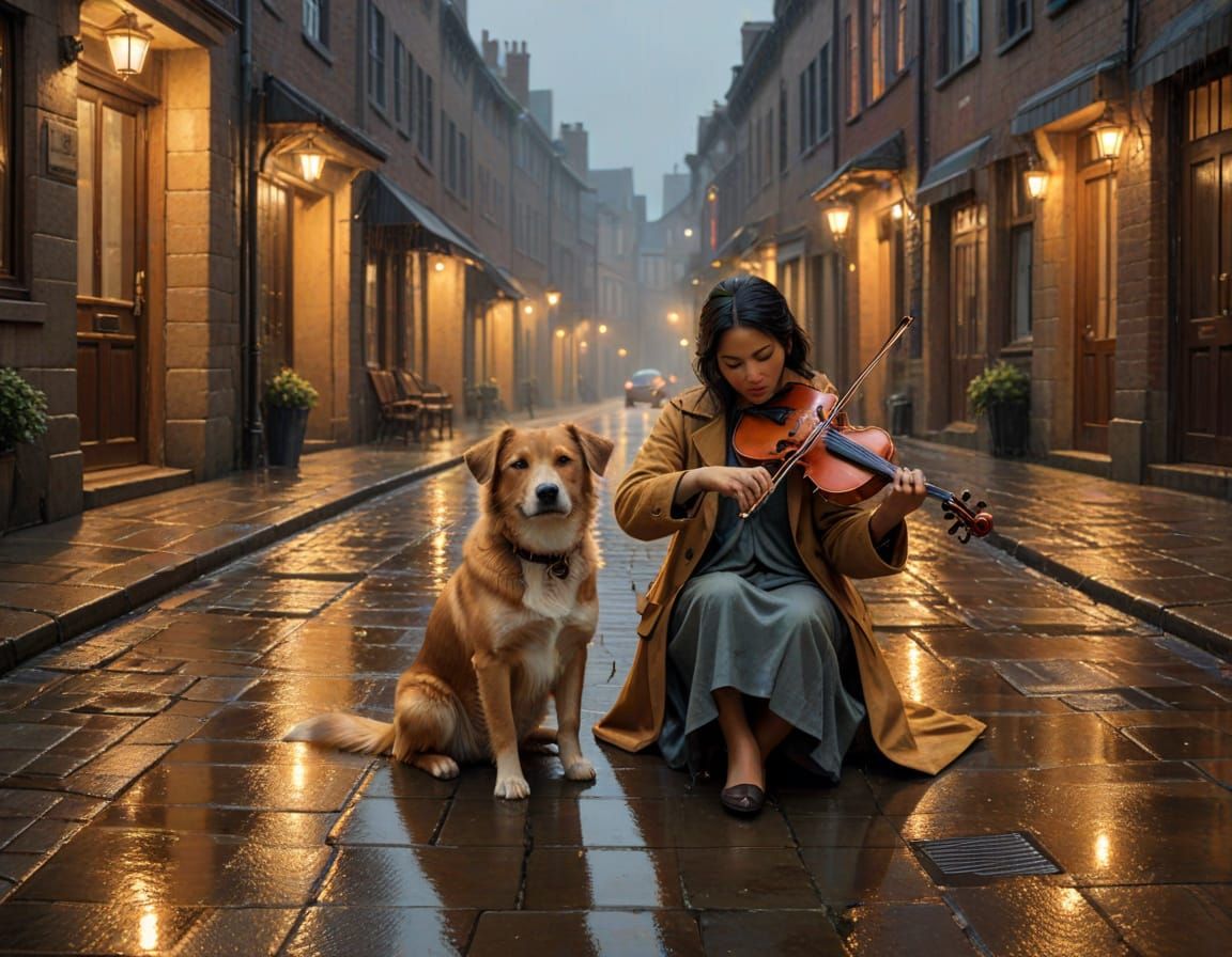 South Asian Violinist in Gentle Rain, Oil on Canvas