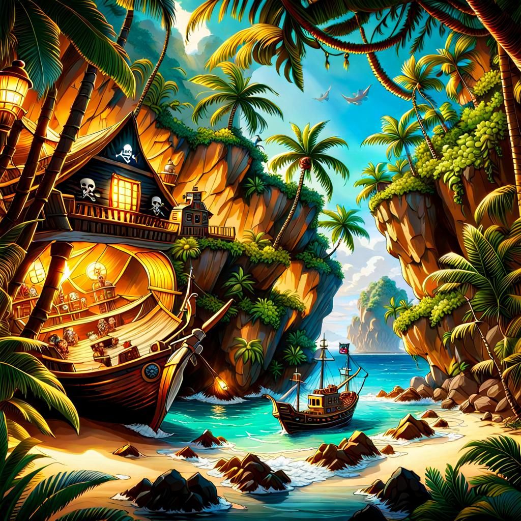Pirate Cove with Hidden Treasure in Caribbean
