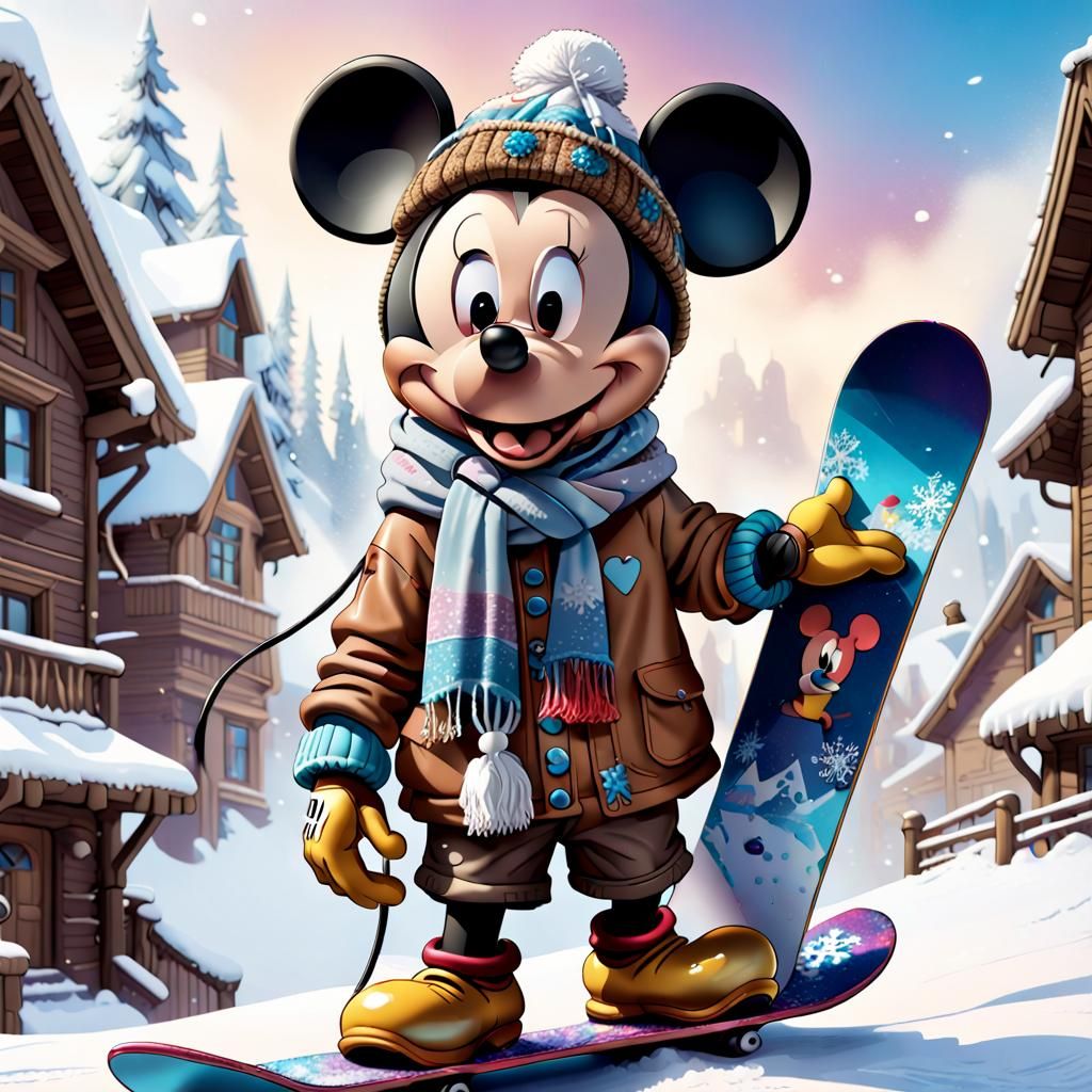 Mickey Mouse Winter Snowboard Digital Art