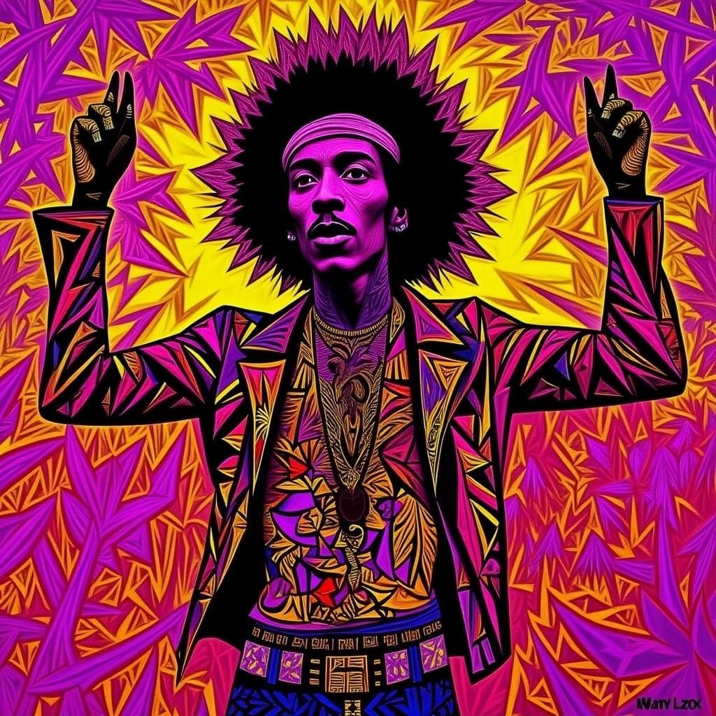 Peaceful Psychedelic Portrait of Jimi Hendrix in Vibrant Col...