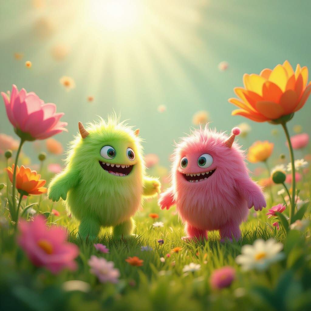 Bioluminescent Monsters Frolic in Flower Garden: Pixar-Style...