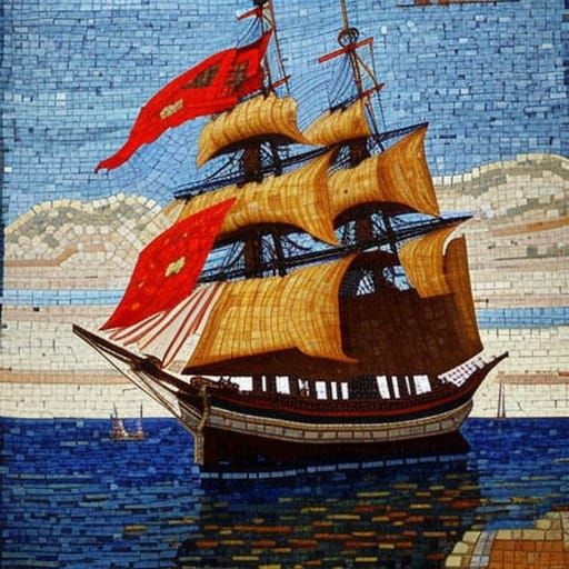 Ornate Mosaic Pirate Ship Inspired by Antoni Gaudí