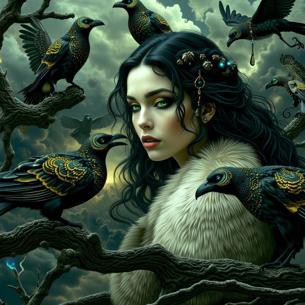 Brunhilde with Ravens in Dramatic Digital Painting Style