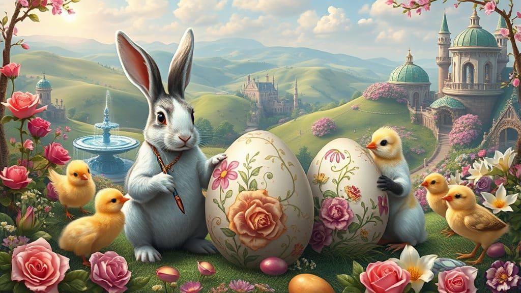 Rabbits and Chicks Painting Easter Eggs in Kinkade Style