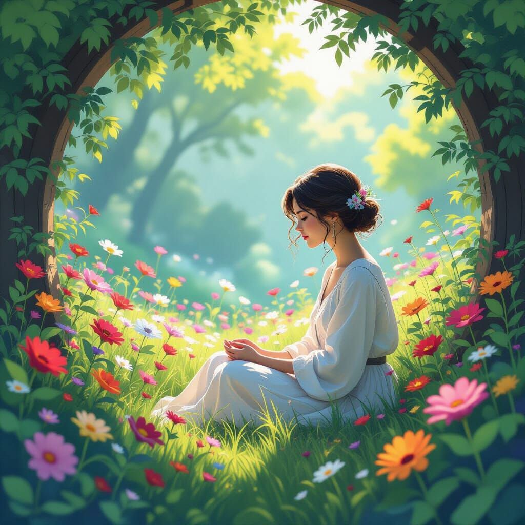 Whimsical Serene Nature Scene with Vibrant Flowers