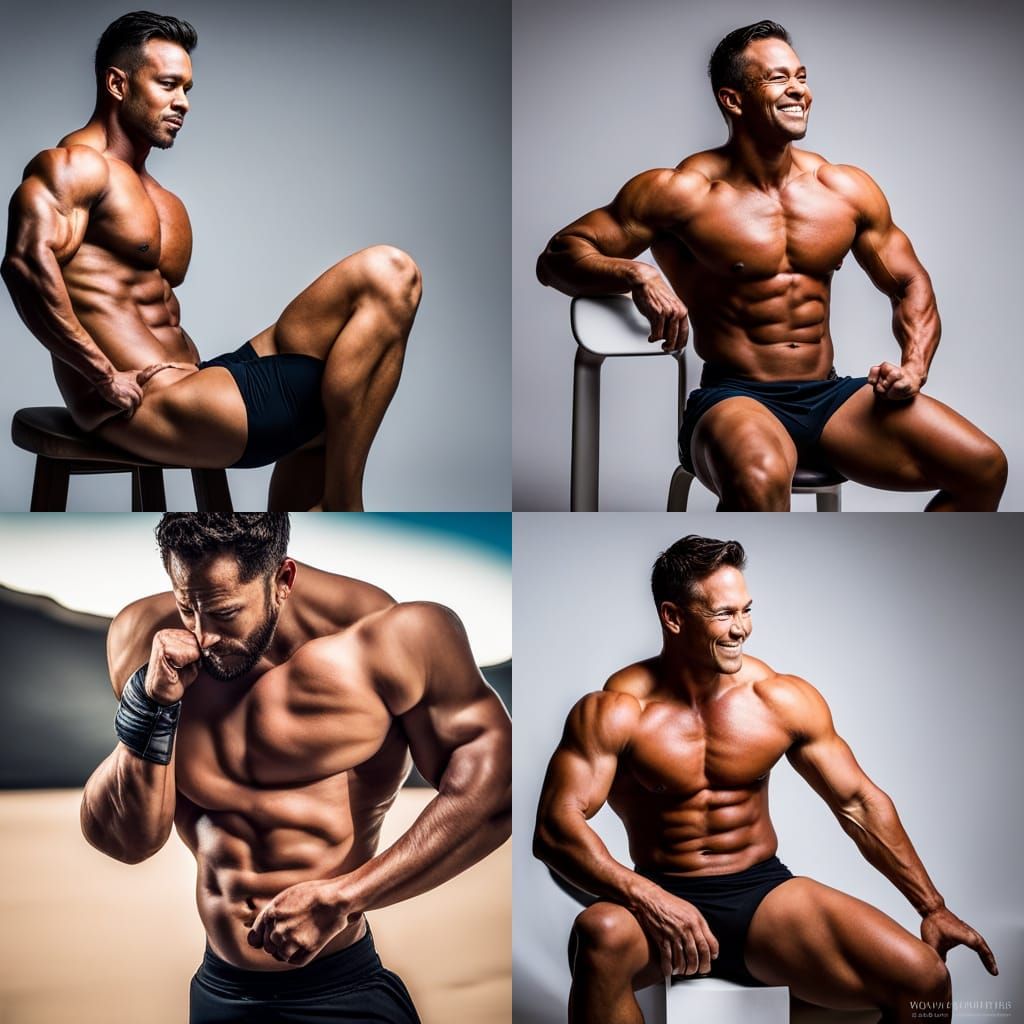 Smiling Bodybuilder Flexing Abs in Professional Portrait