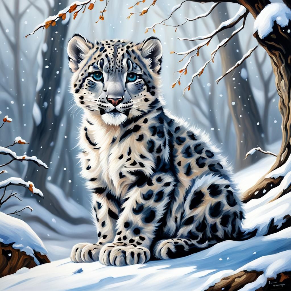 Snow Leopard Cub Under Snowy Tree, Acrylic Painting