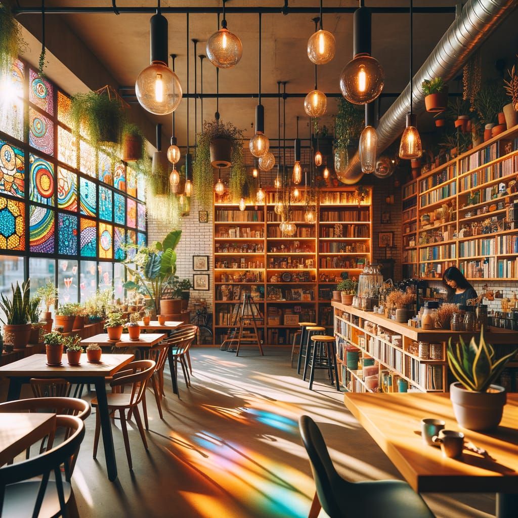 Cozy Cafe Interior with Bookshelves and Stained Glass