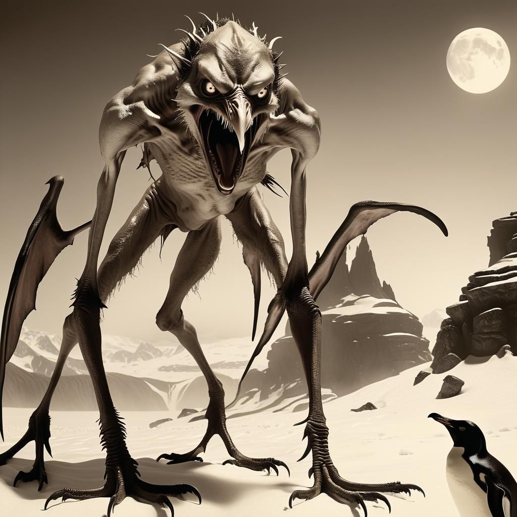 Grotesque Daemon and Penguin in Vintage Sepia Photograph