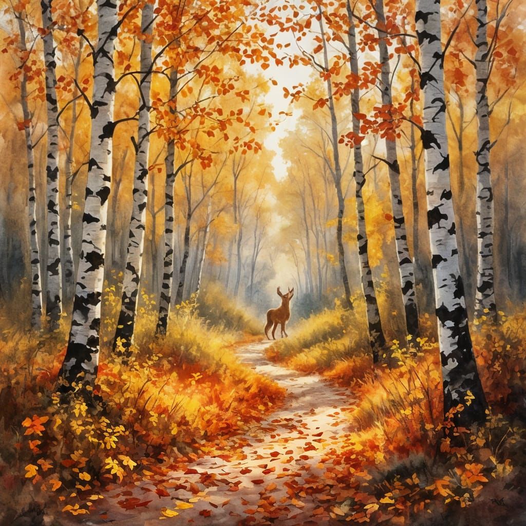 Autumn Woodland Clearing with Deer and Sunlight