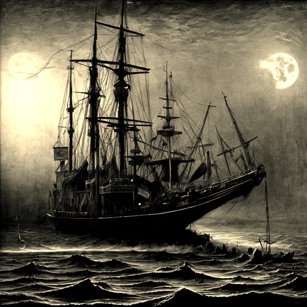 Ghostly Pirate Ship Emerges from Moonlit Fog