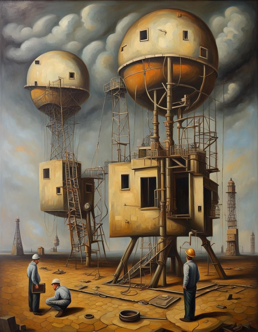Surrealist Oil Painting of Derelict Engineers
