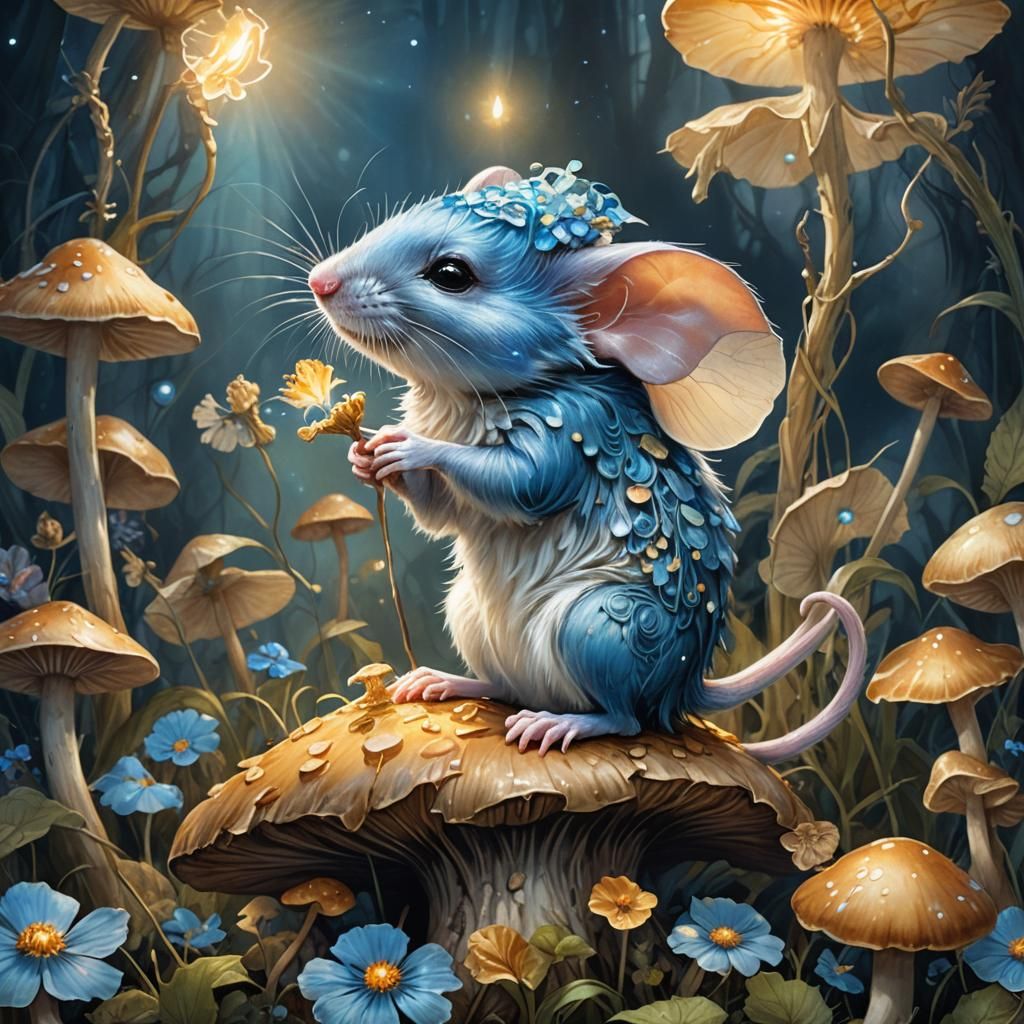 Blue Mouse in Enchanted Forest, Fantasy Art
