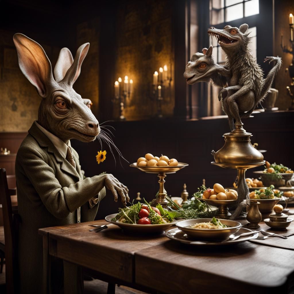 Surreal Restaurant Scene with Bizarre Food