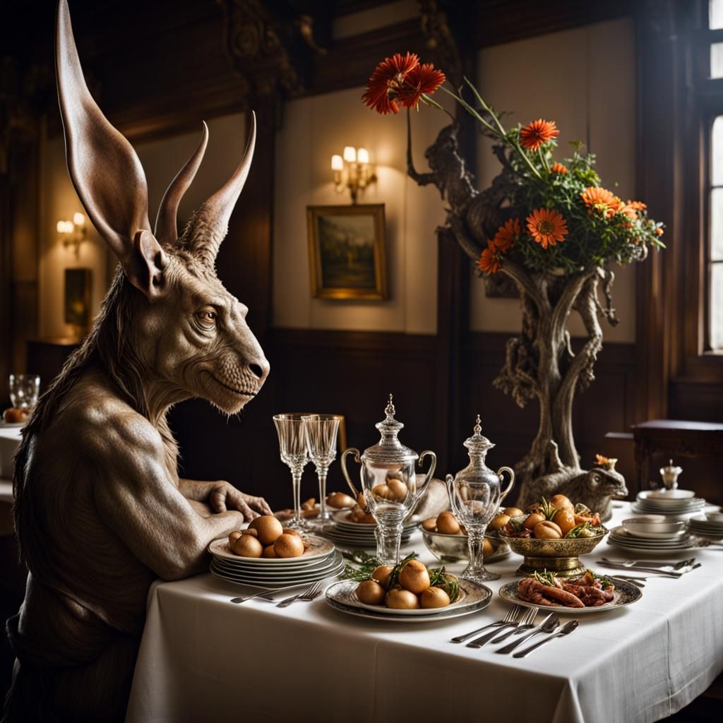 Surreal Restaurant with Bizarre Creatures as Food