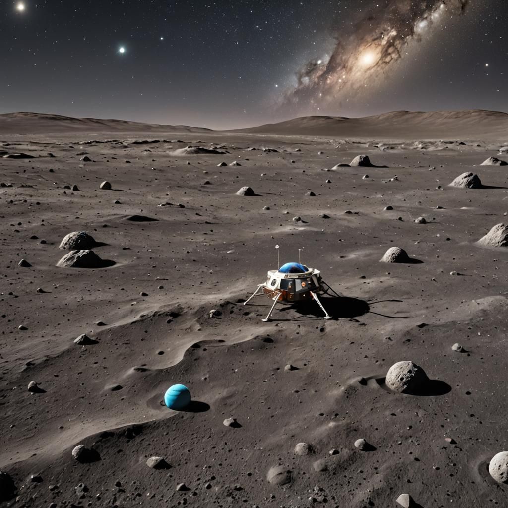 Miniature Spaceship on Moon with Starry Sky