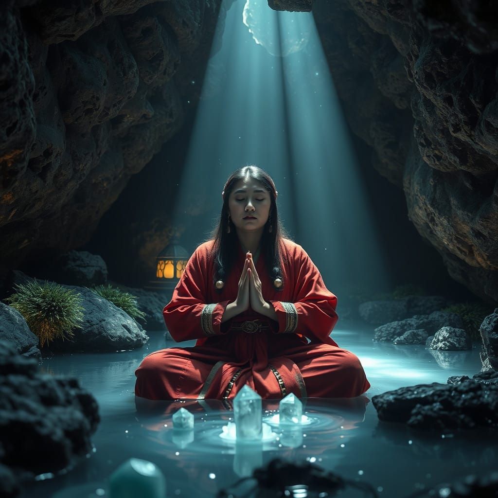 Hyperrealistic Ainu Shamaness Meditating in an Ancient Cave