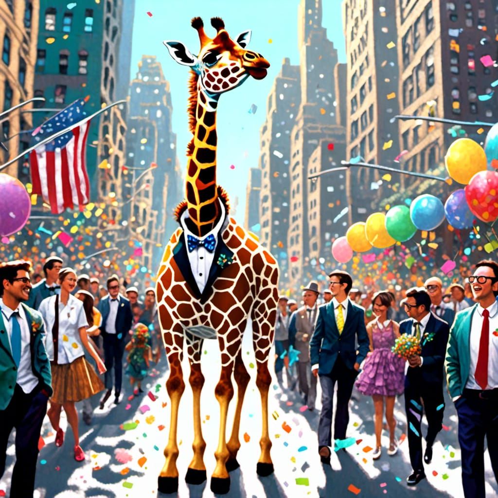 Giraffe in Formal Wear Celebrates in New York