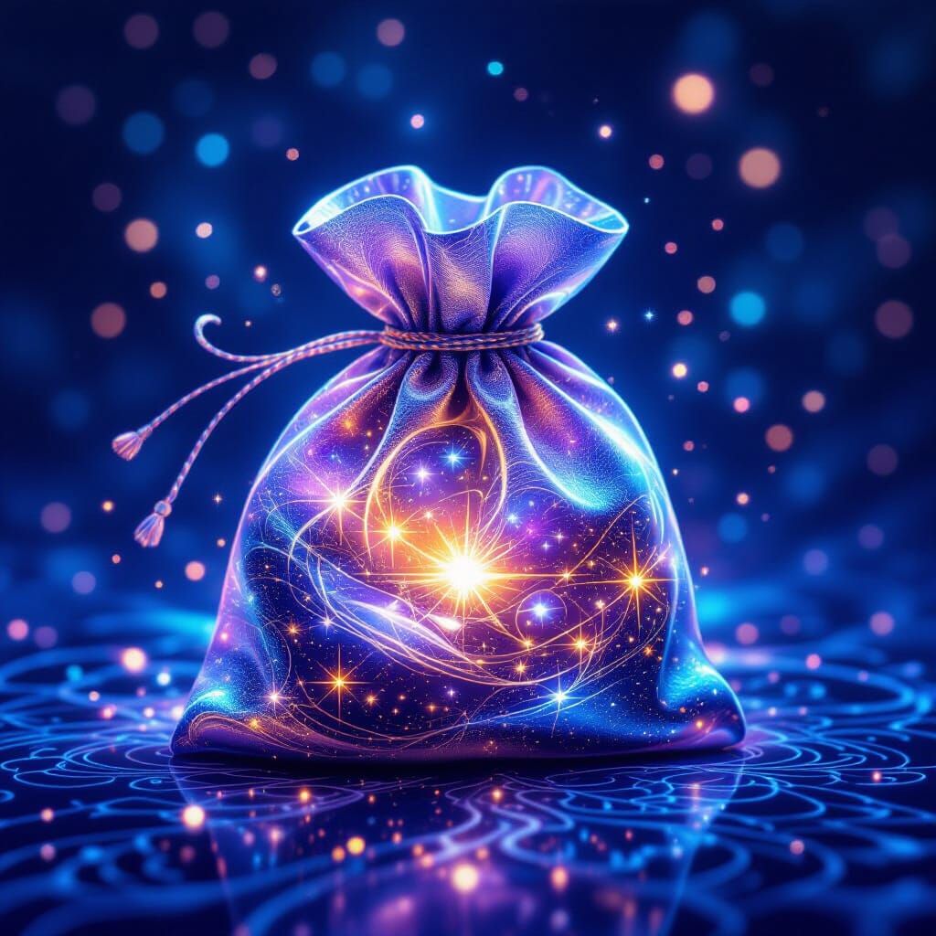 Celestial Pouch Overflowing with Stars Over Cosmic Patterns