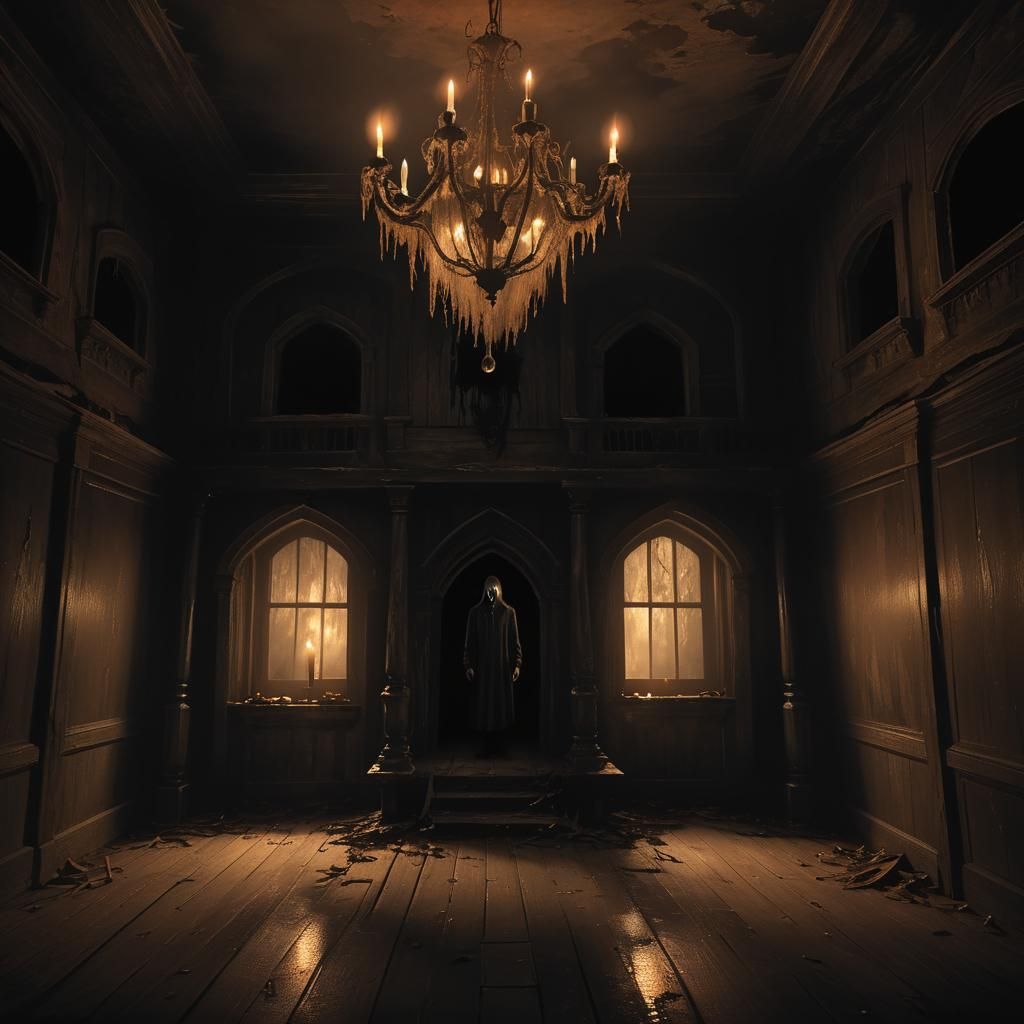 Mysterious Figure in Haunted House, Dark Fantasy Art