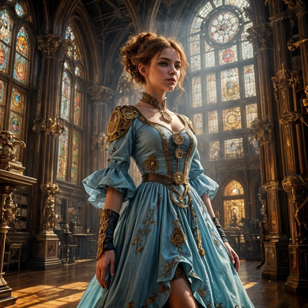Steampunk Woman in Grand Hall with Golden Light