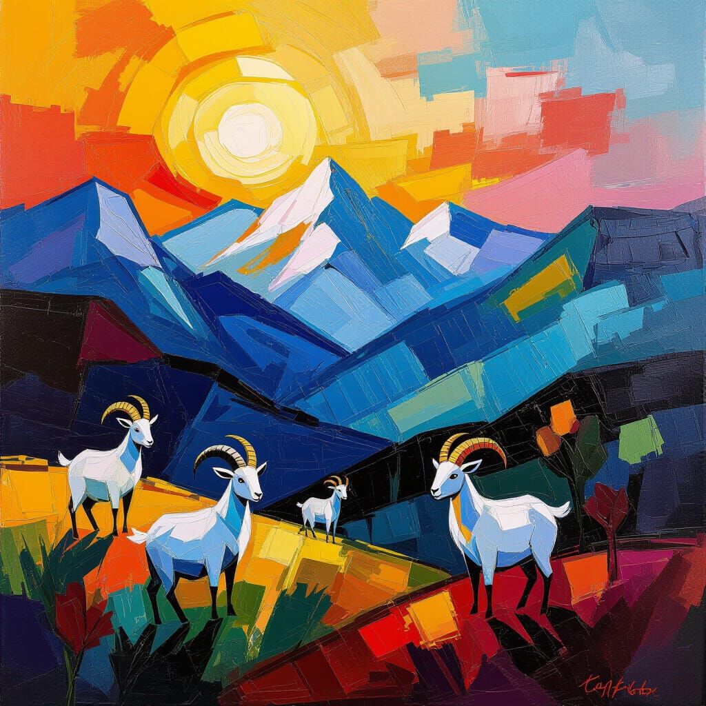 Goats Grazing in Mountain Landscape: Neo-Impressionism