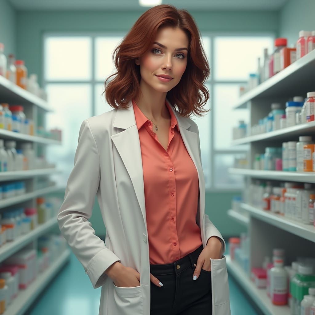 Hyperrealistic Portrait of Woman in Pharmacy, Art Nouveau St...