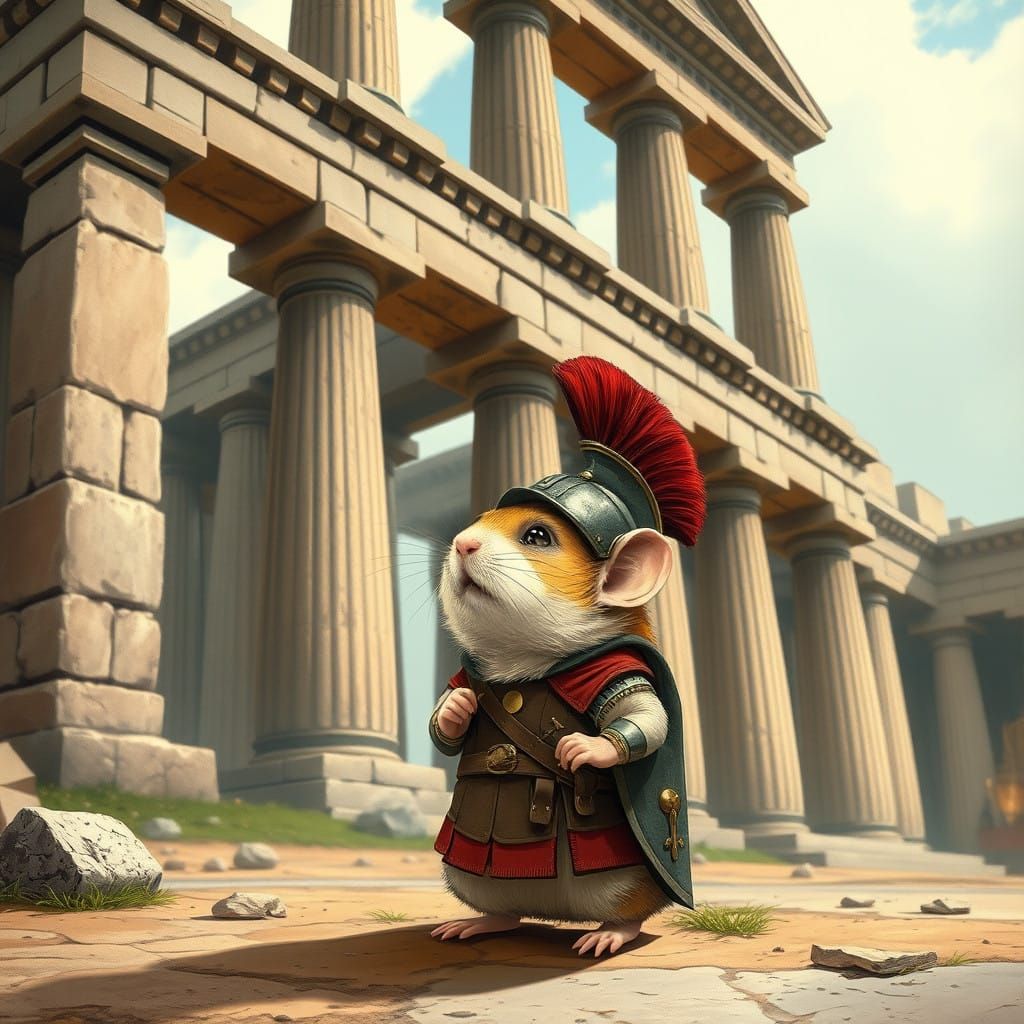 Hamster Soldier Stands Before Ancient Roman Ruins in Whimsic...