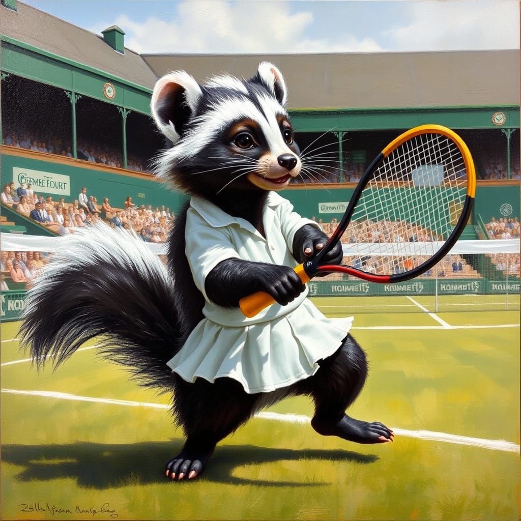 Oil on canvas painting of a cute skunk playing tennis at the...