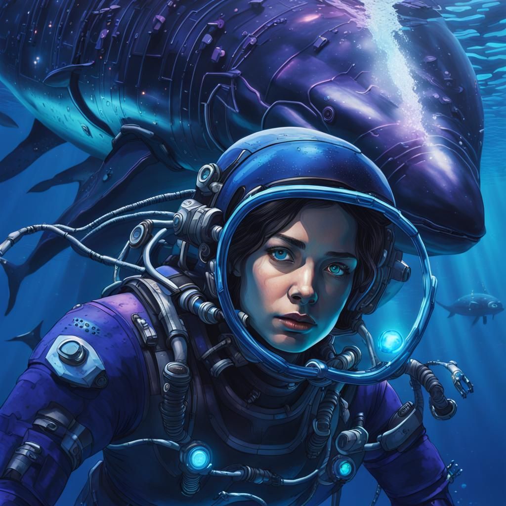 Eerie Robotic Whale Encounter in Dark Photorealism