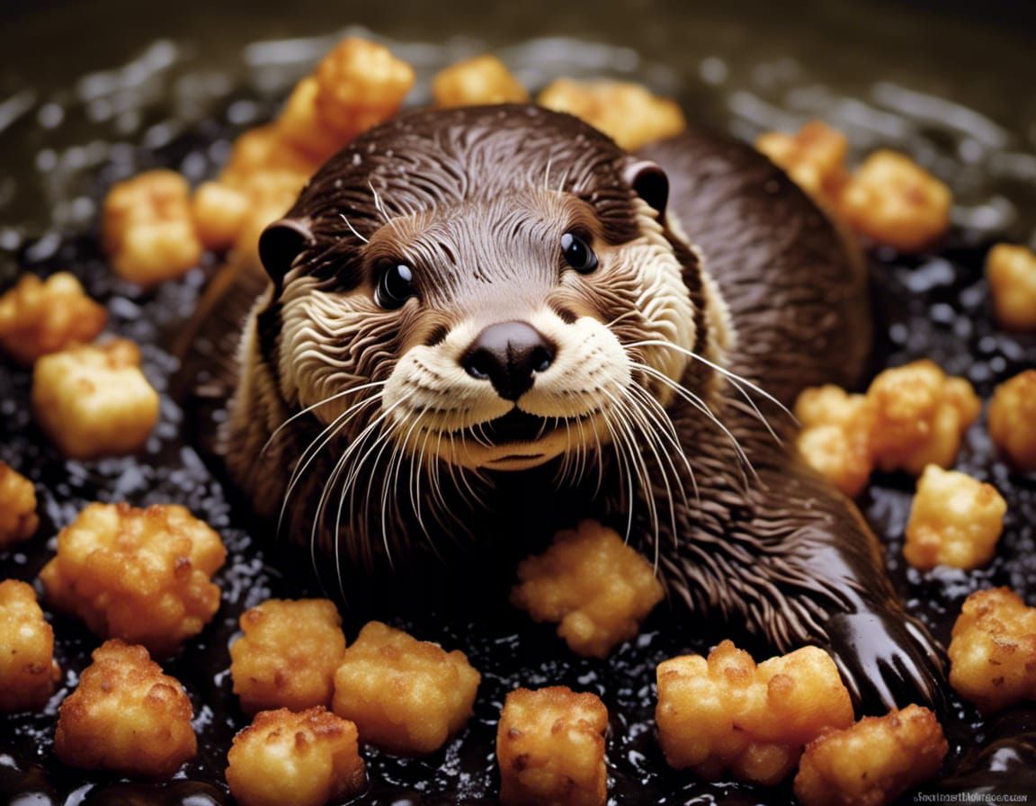 Happy Otter Buried in Tater Tots Photograph