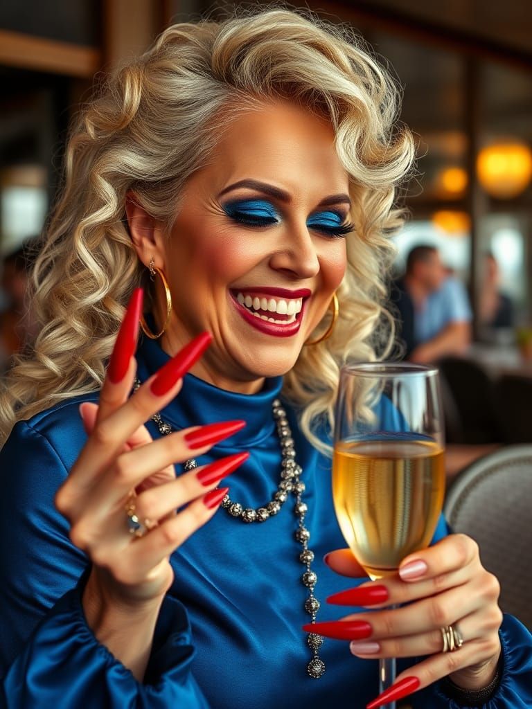 Elegant Woman with Champagne, Beach Restaurant Portrait