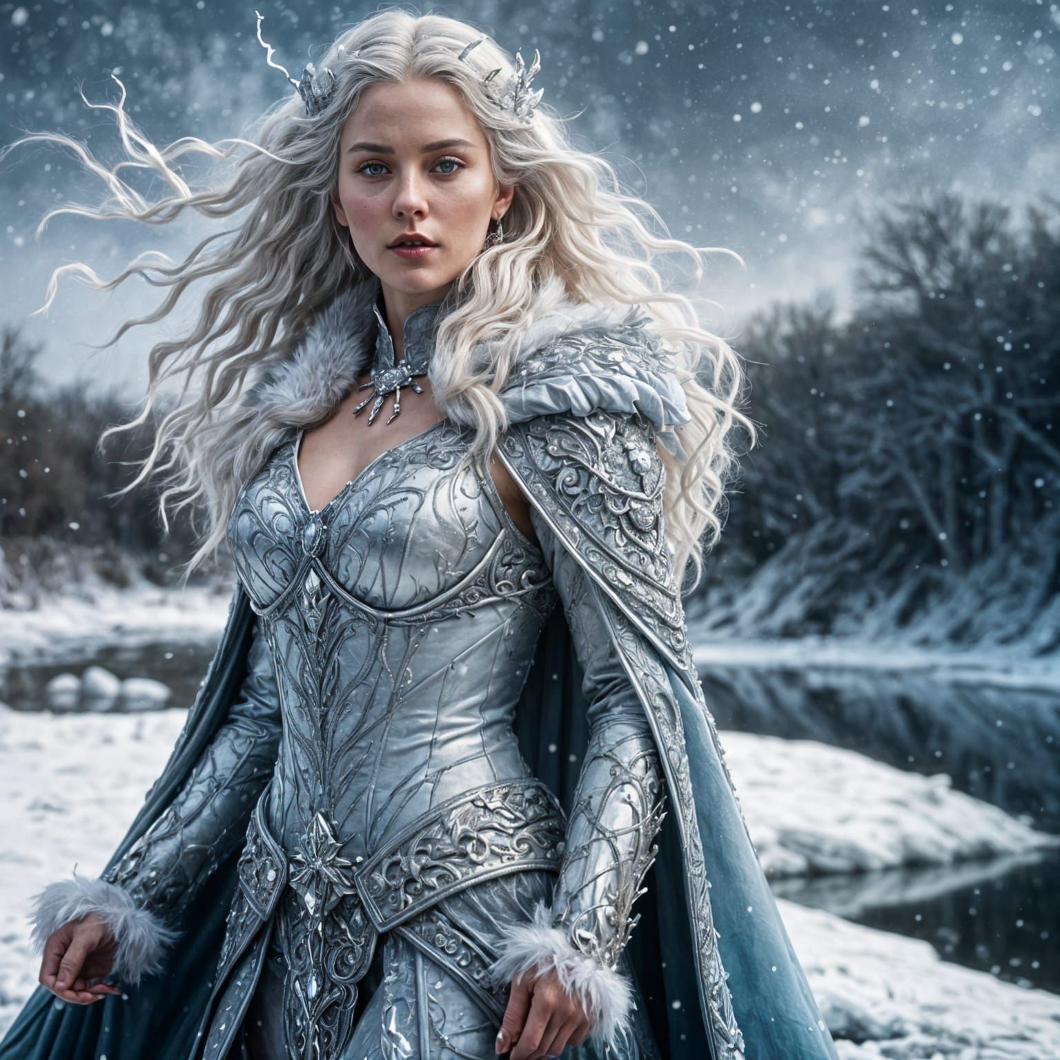 Icy Warrior Queen Deity Portrait in Hyperrealistic Style